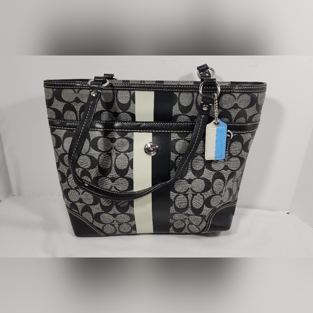 Coach Heritage Signature Chelsea Stripe Tote No. J0973-F14477 Gray Black Blue - Picture 1 of 16